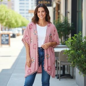 Coldwater Creek Pink Embroidered Kimono